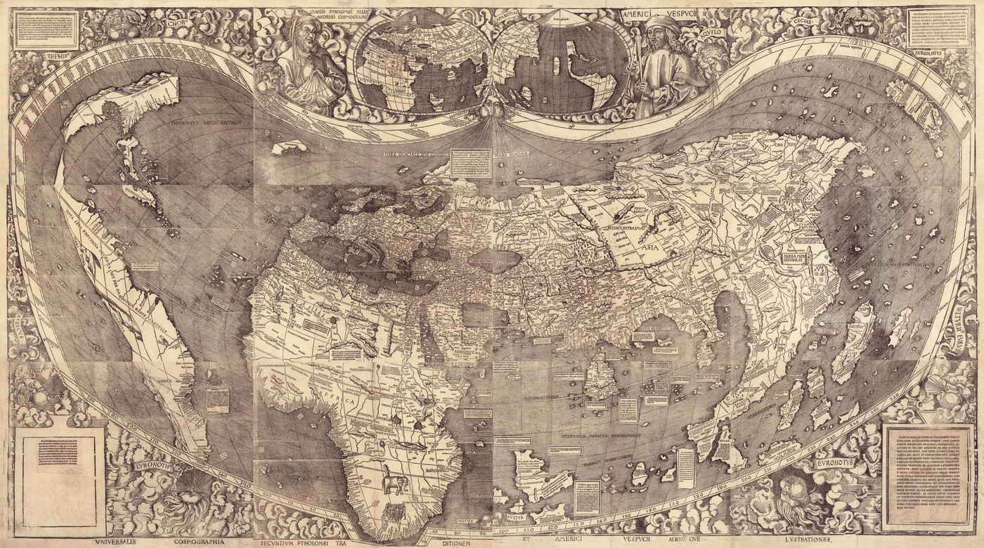 Martin Waldseemüller's 1507 world map, with detailed geographic drawings arranged across twelve printed sheets.